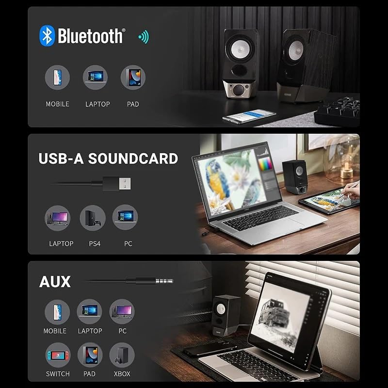 USB Computer Speakers with Bluetooth 5.3 AUX Bass Audio