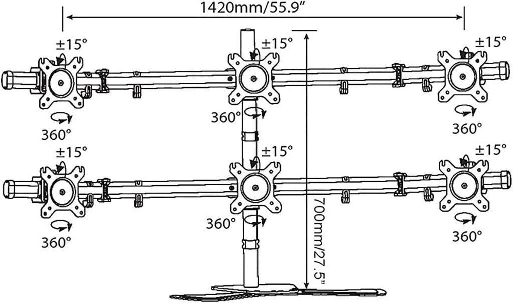 Six Monitor Desk Mount Stand for 15–27 Inch Displays